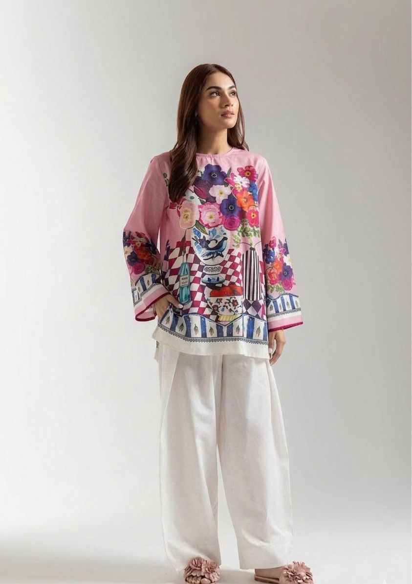 Vibrant Flora Kurta & Farshi Shalwar - Garden Pink
