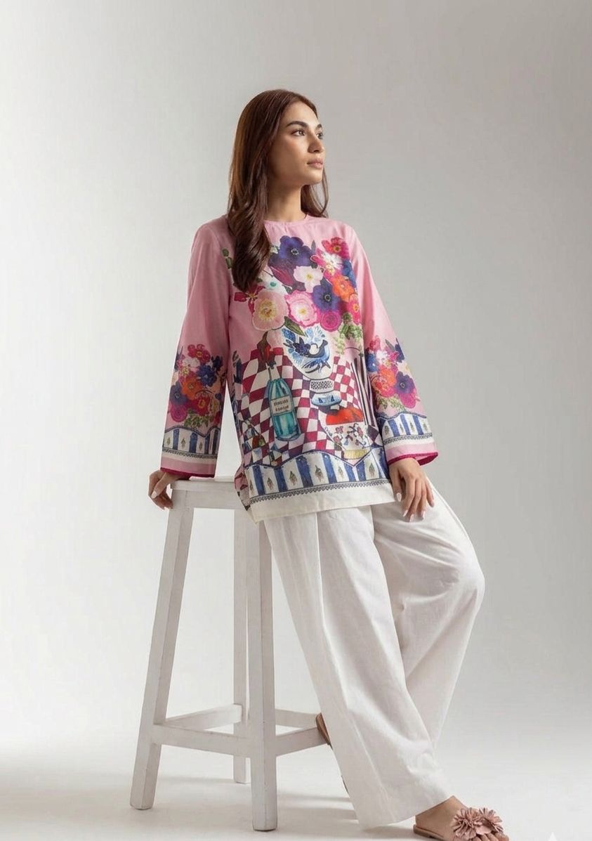 Vibrant Flora Kurta & Farshi Shalwar - Garden Pink