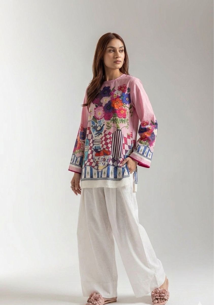 Vibrant Flora Kurta & Farshi Shalwar - Garden Pink