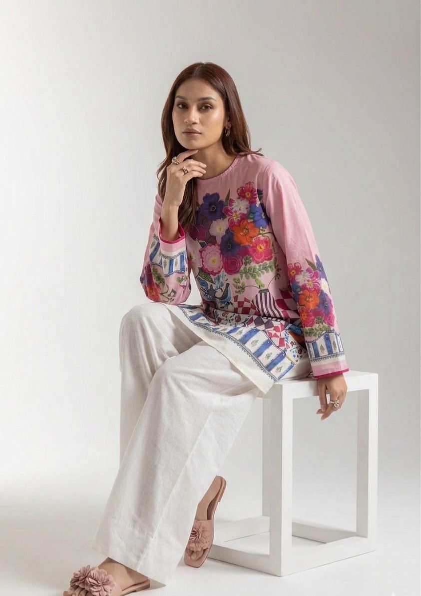Vibrant Flora Kurta & Farshi Shalwar - Garden Pink
