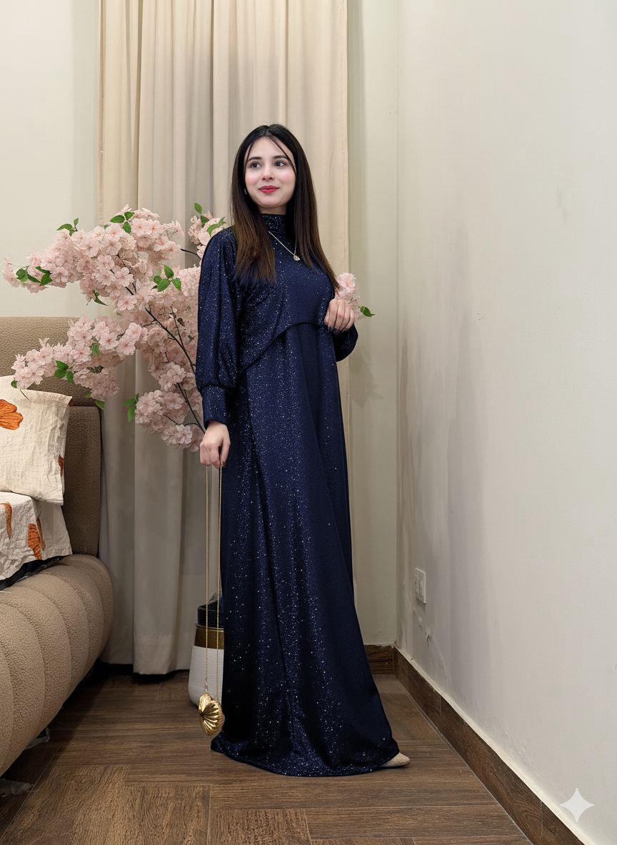 Celestial Shimmer Mock-Neck Maxi Dress - Moonlight