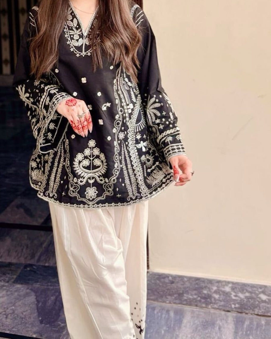 Onyx Starfall Scallop-Trim Embroidered 3-Piece Shalwar Set