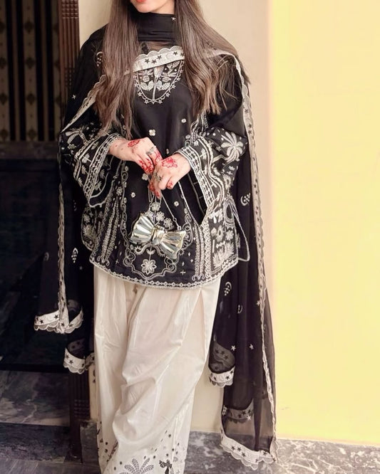 Onyx Starfall Scallop-Trim Embroidered 3-Piece Shalwar Set