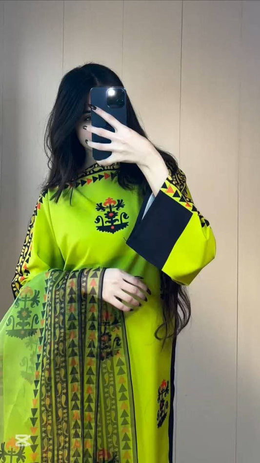 Electric Lime Folk-Art Tunic & Dupatta Set