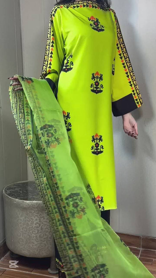 Electric Lime Folk-Art Tunic & Dupatta Set