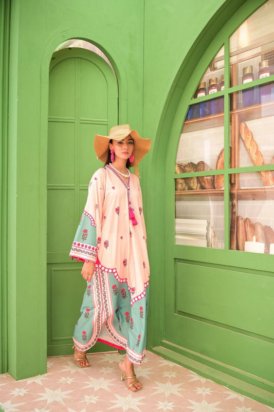 Peachy Mint Scalloped Drape Kaftan