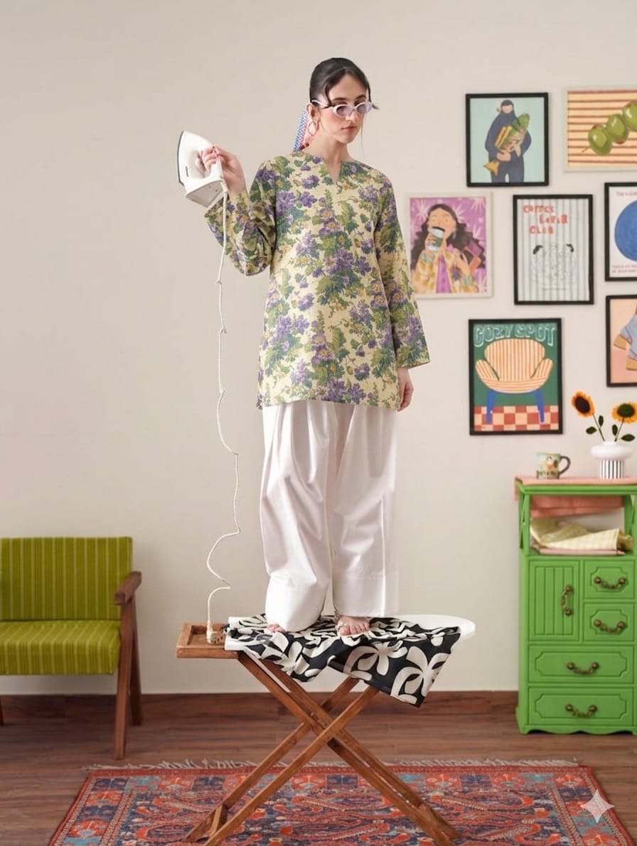 Floral Printed Kurta with White Farshi Shalwar