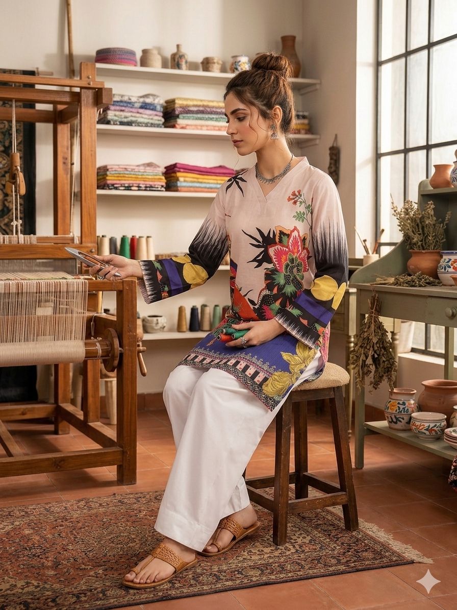Artistic Floral Statement Kurta with White Farshi Shalwar