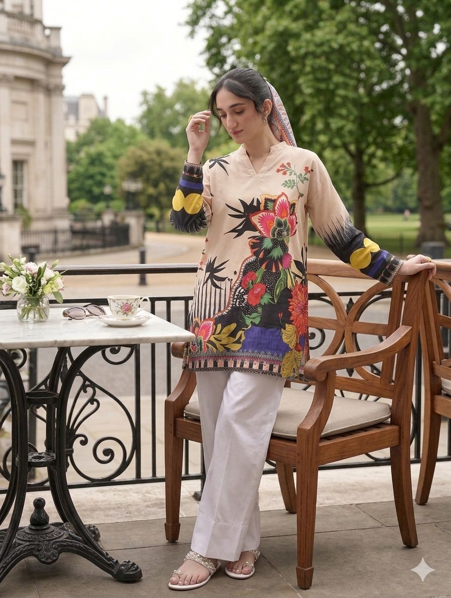 Artistic Floral Statement Kurta with White Farshi Shalwar