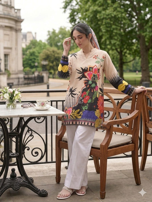 Artistic Floral Statement Kurta with White Farshi Shalwar