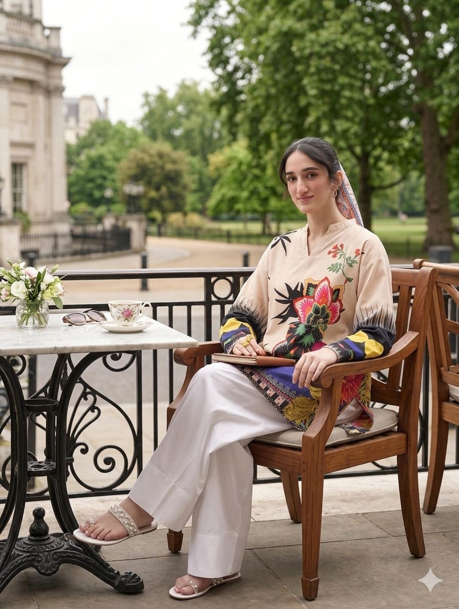Artistic Floral Statement Kurta with White Farshi Shalwar