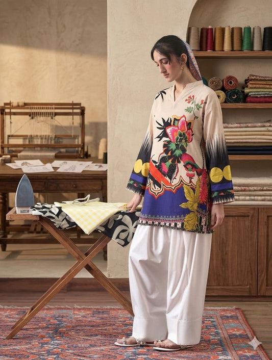 Artistic Floral Statement Kurta with White Farshi Shalwar