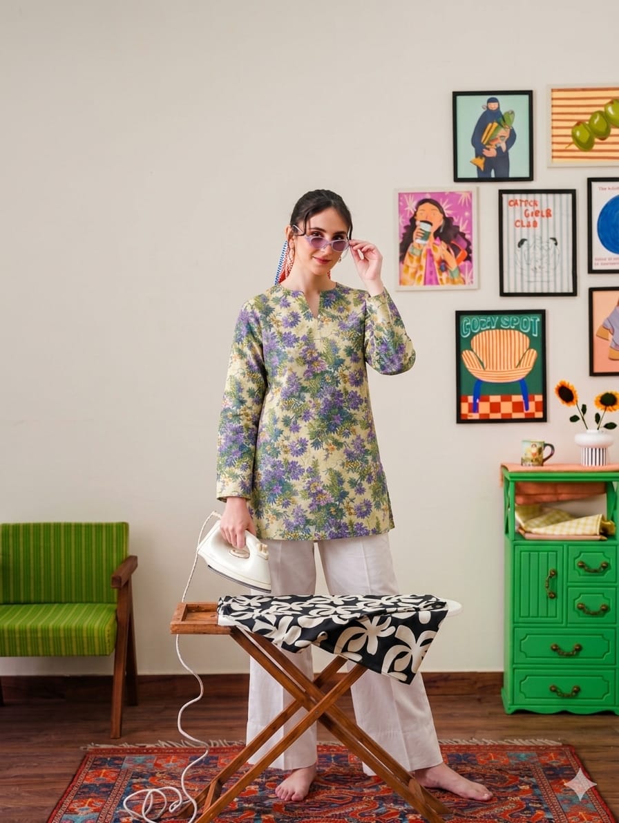 Floral Printed Kurta with White Farshi Shalwar