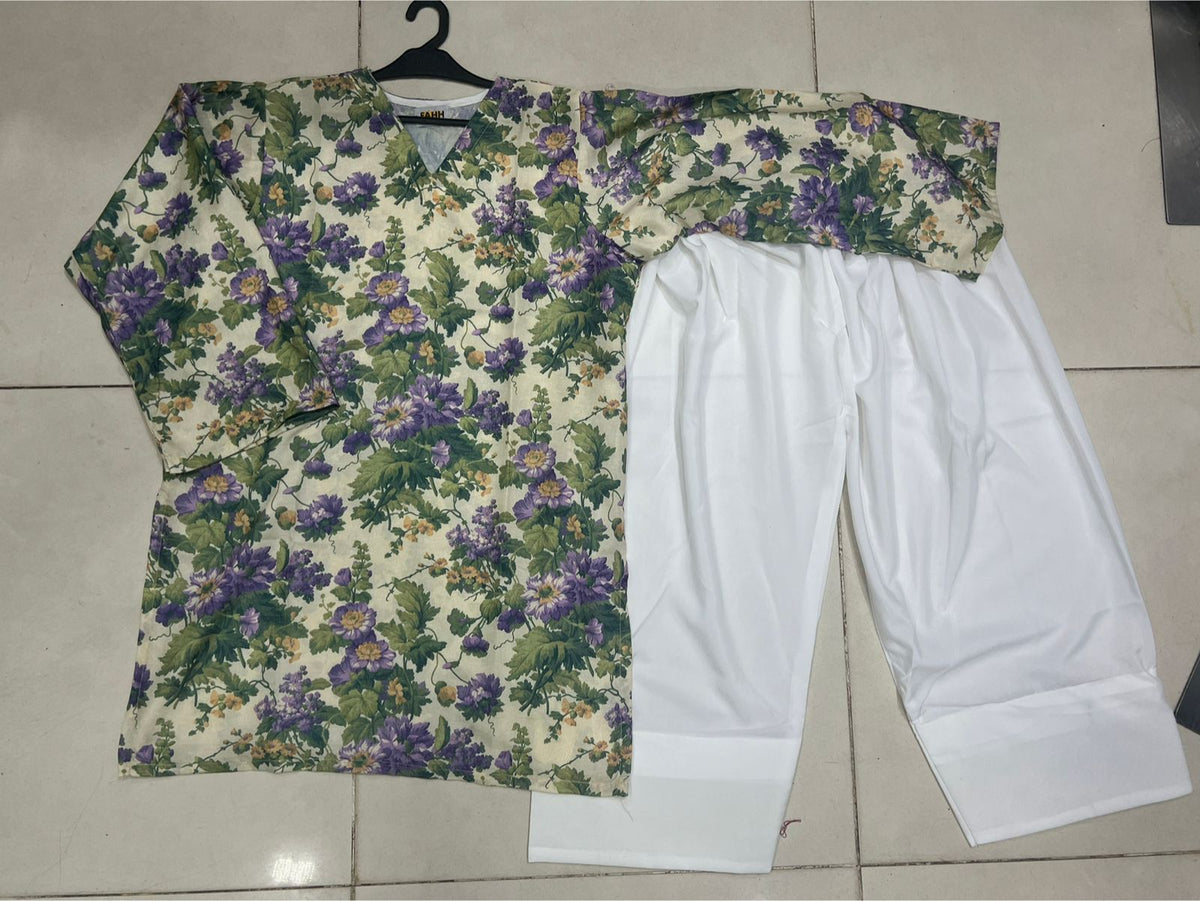 Floral Printed Kurta with White Farshi Shalwar