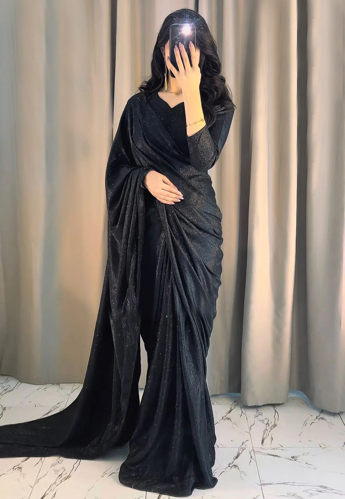 Starlight Shimmer Saree – Glitter Sequin Fabric with Matching V-Neck Blouse