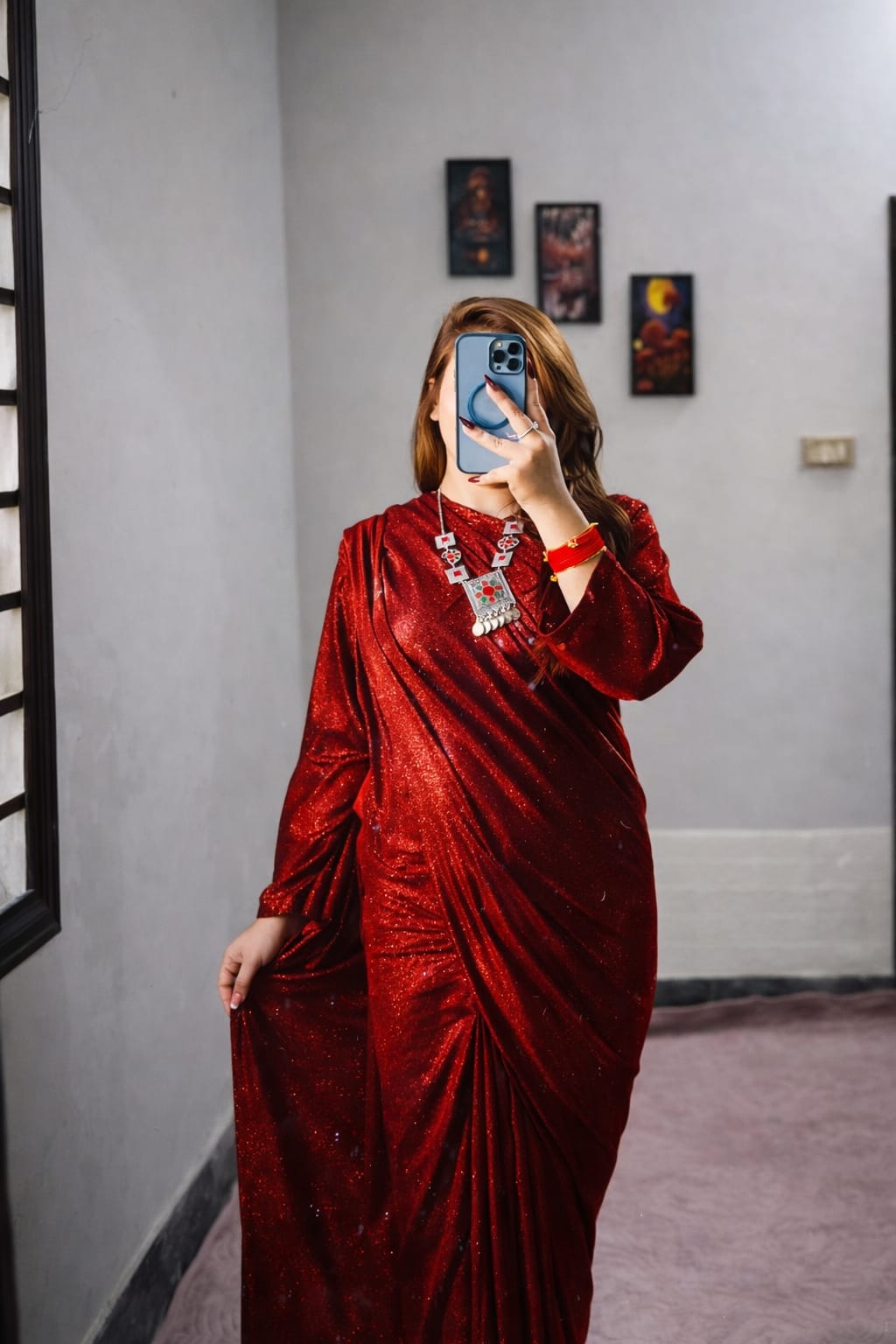 Starlight Shimmer Saree – Glitter Sequin Fabric with Matching V-Neck Blouse