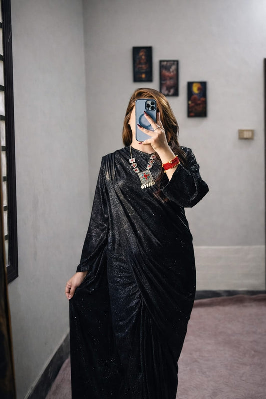 Starlight Shimmer Saree – Glitter Sequin Fabric with Matching V-Neck Blouse