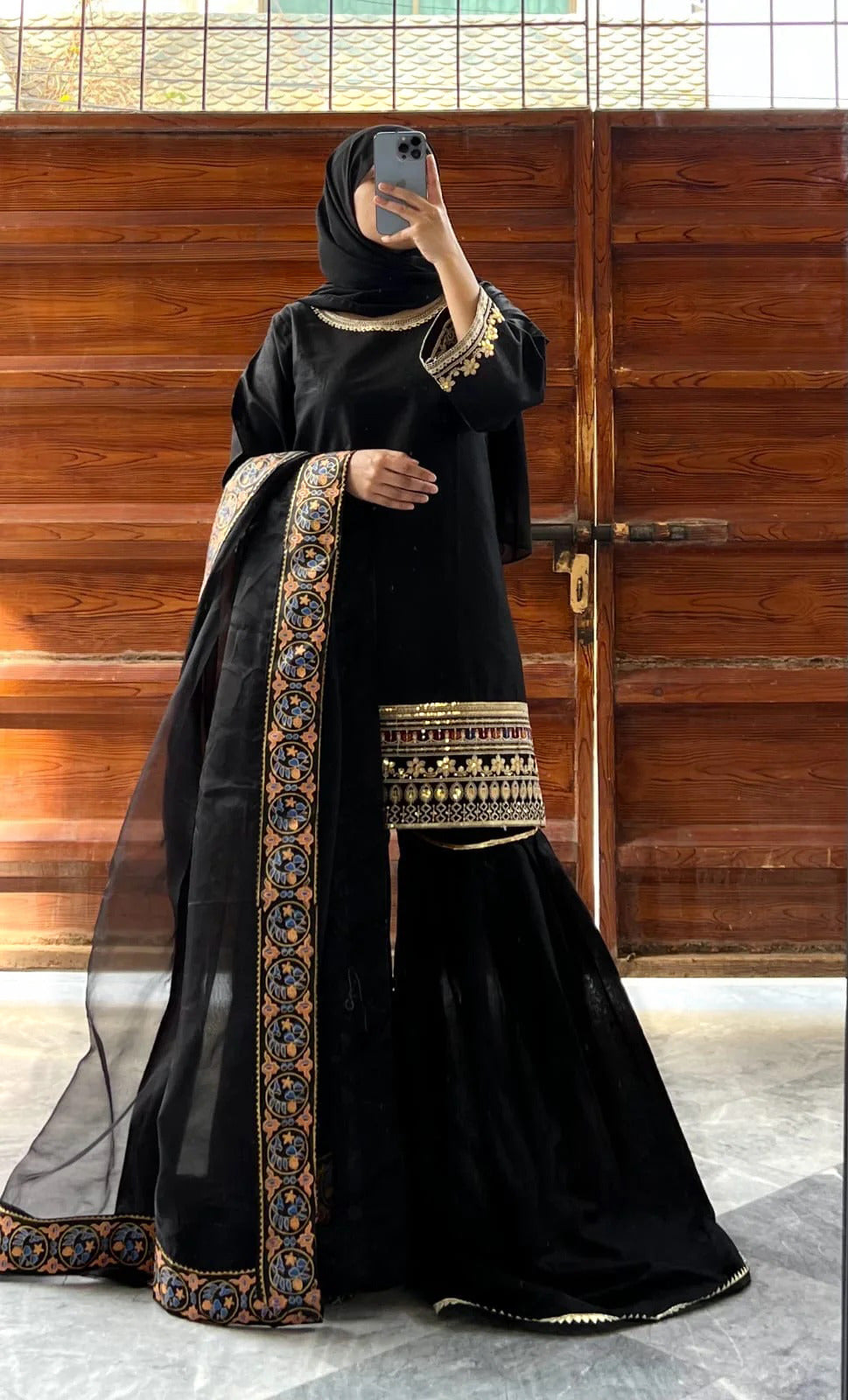 Zari Embroidered Raw Silk Gharara Set with Organza Border Dupatta