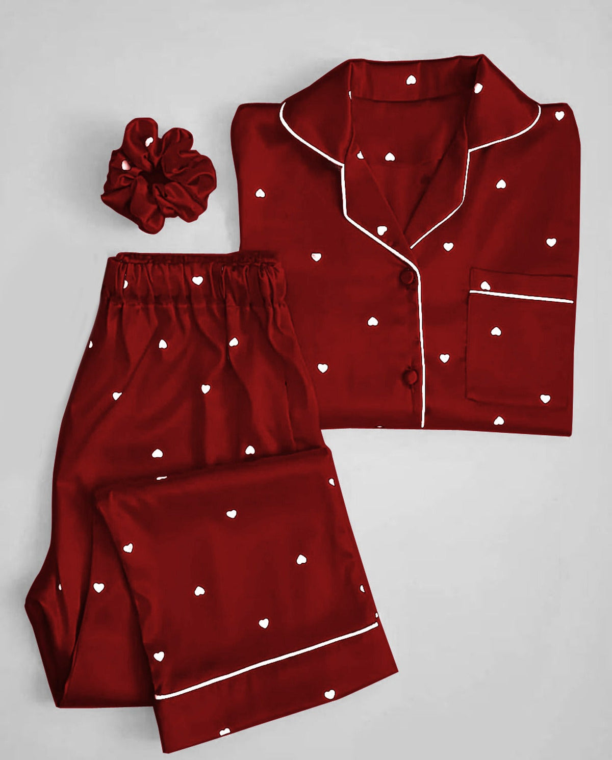 Sweetheart Satin Pajama Set | Luxury Printed Nightwear with Matching Scrunchie