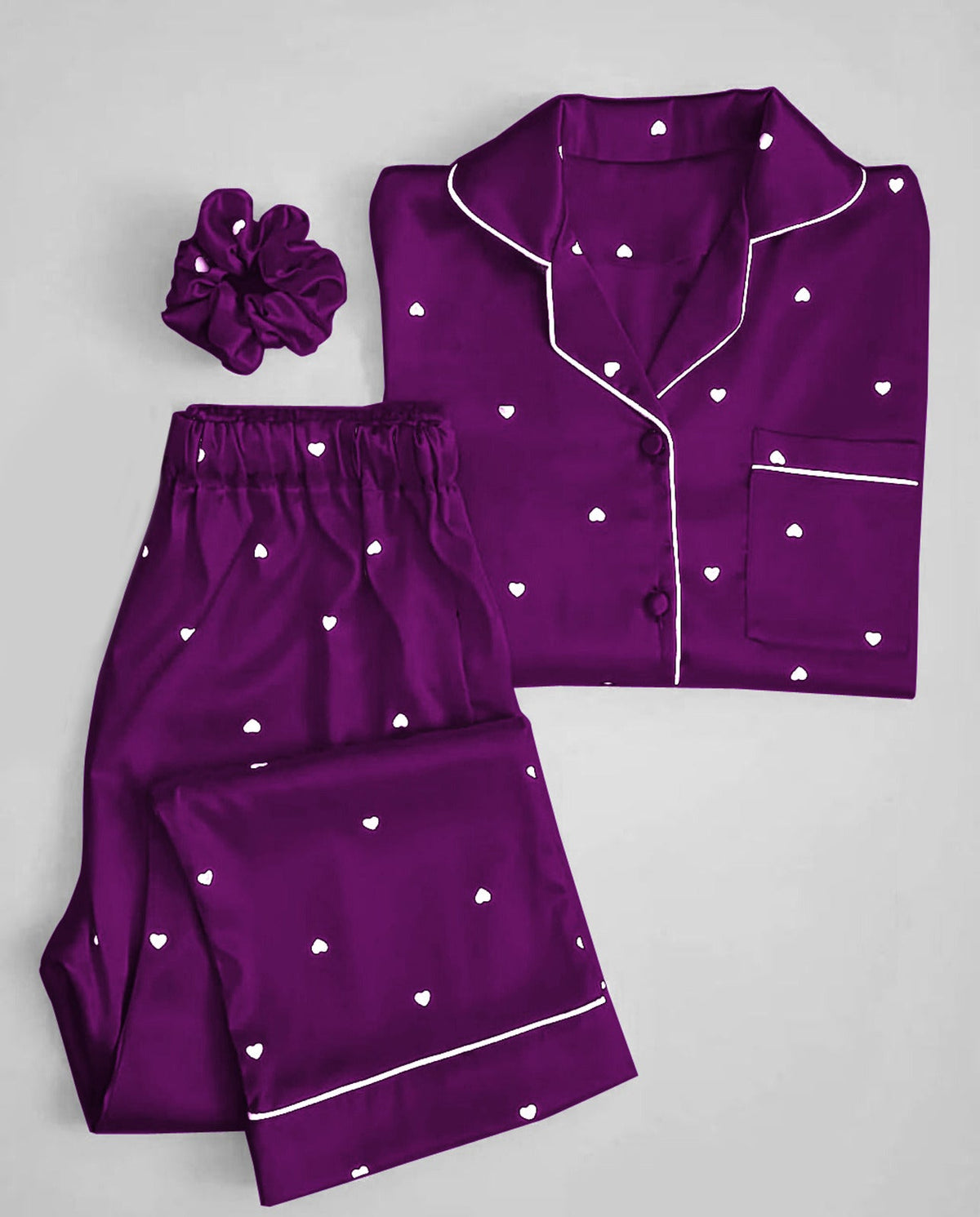 Sweetheart Satin Pajama Set | Luxury Printed Nightwear with Matching Scrunchie