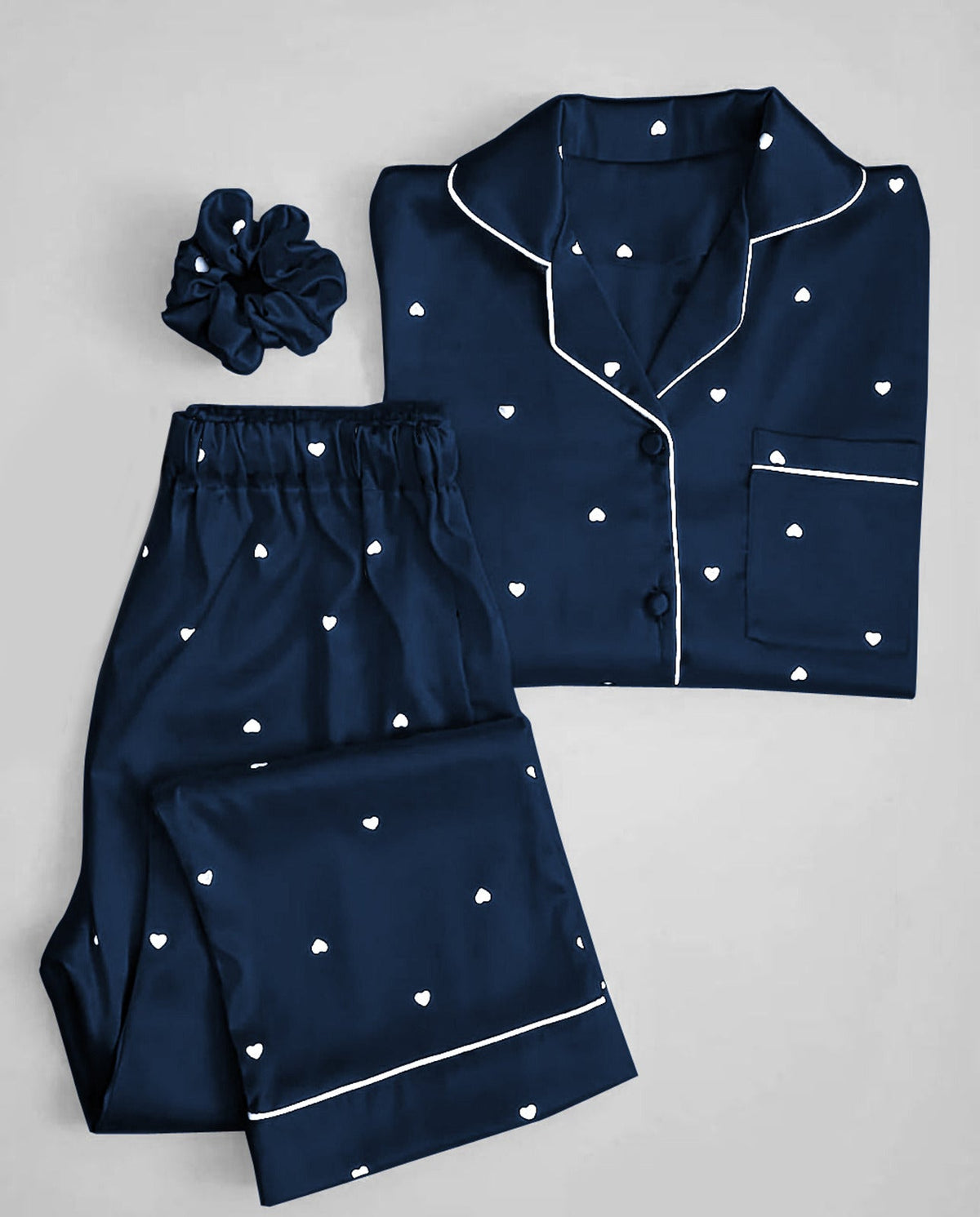 Sweetheart Satin Pajama Set | Luxury Printed Nightwear with Matching Scrunchie