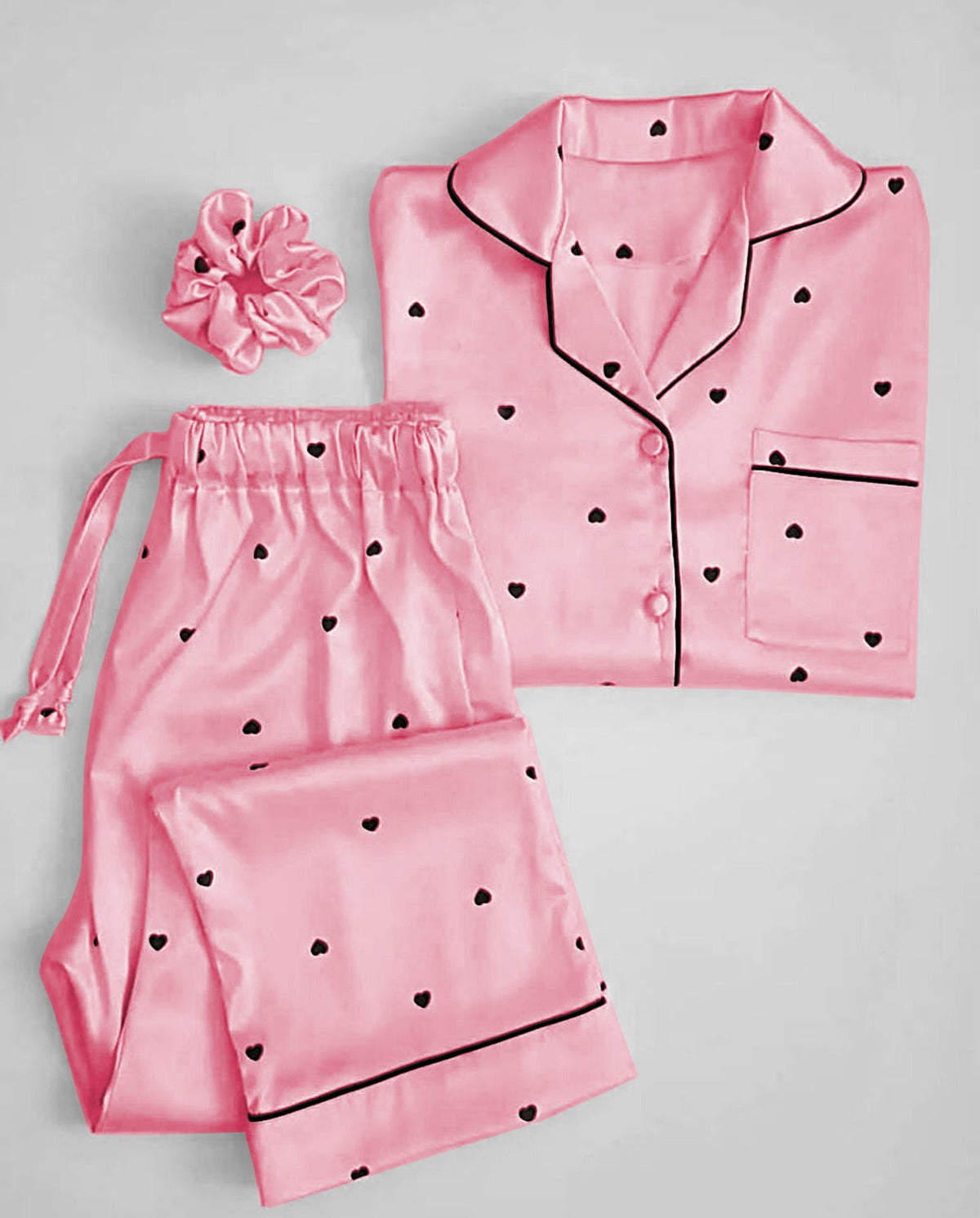 Sweetheart Satin Pajama Set | Luxury Printed Nightwear with Matching Scrunchie