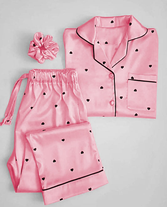 Sweetheart Satin Pajama Set | Luxury Printed Nightwear with Matching Scrunchie