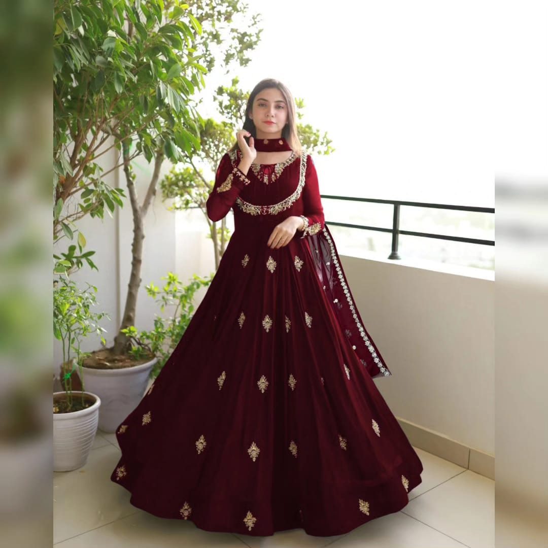 3-Piece Neck, Sleeve & Front Embroidered Chiffon Maxi Set