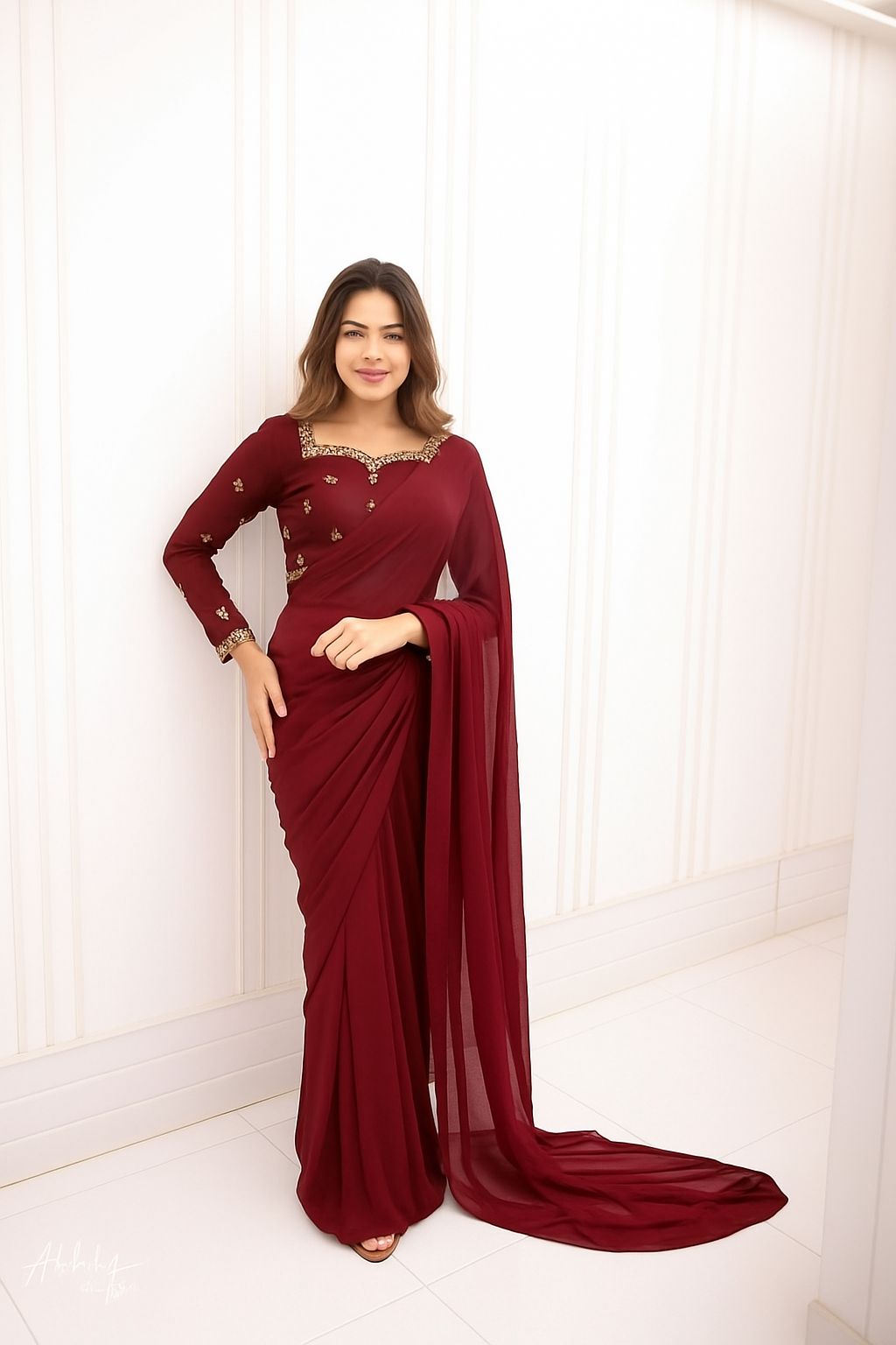 Premium Star Embroidered Silk Blouse & 7-Yard Chiffon Saree Set