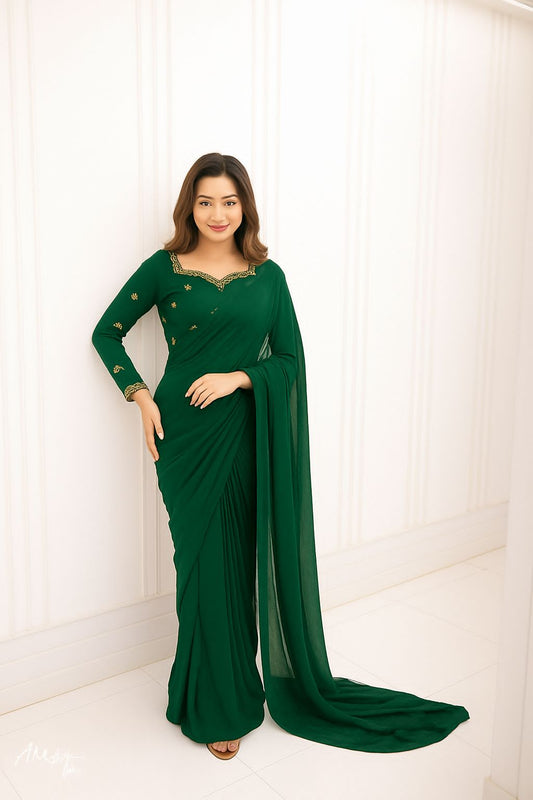 Premium Star Embroidered Silk Blouse & 7-Yard Chiffon Saree Set