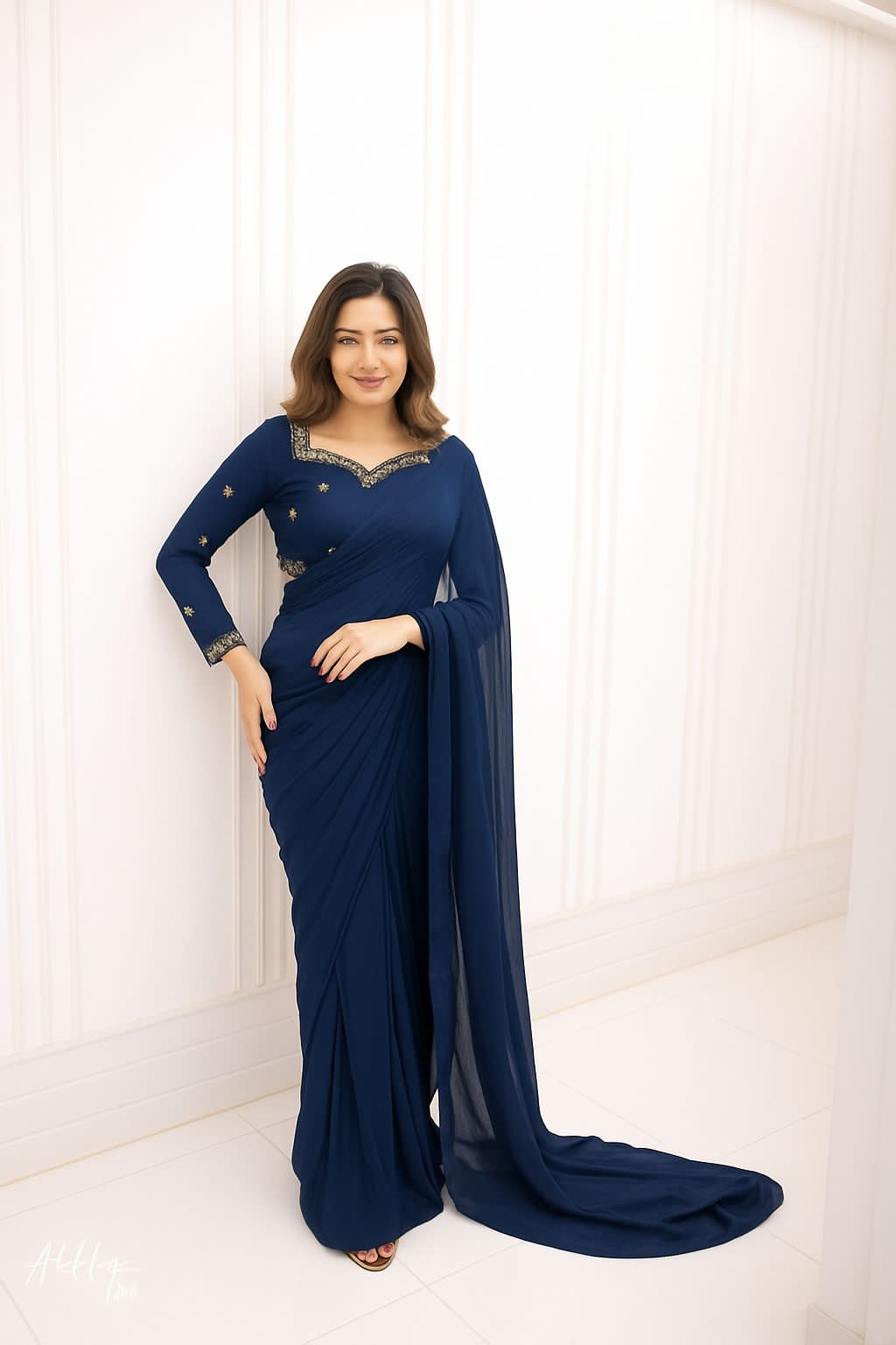 Premium Star Embroidered Silk Blouse & 7-Yard Chiffon Saree Set