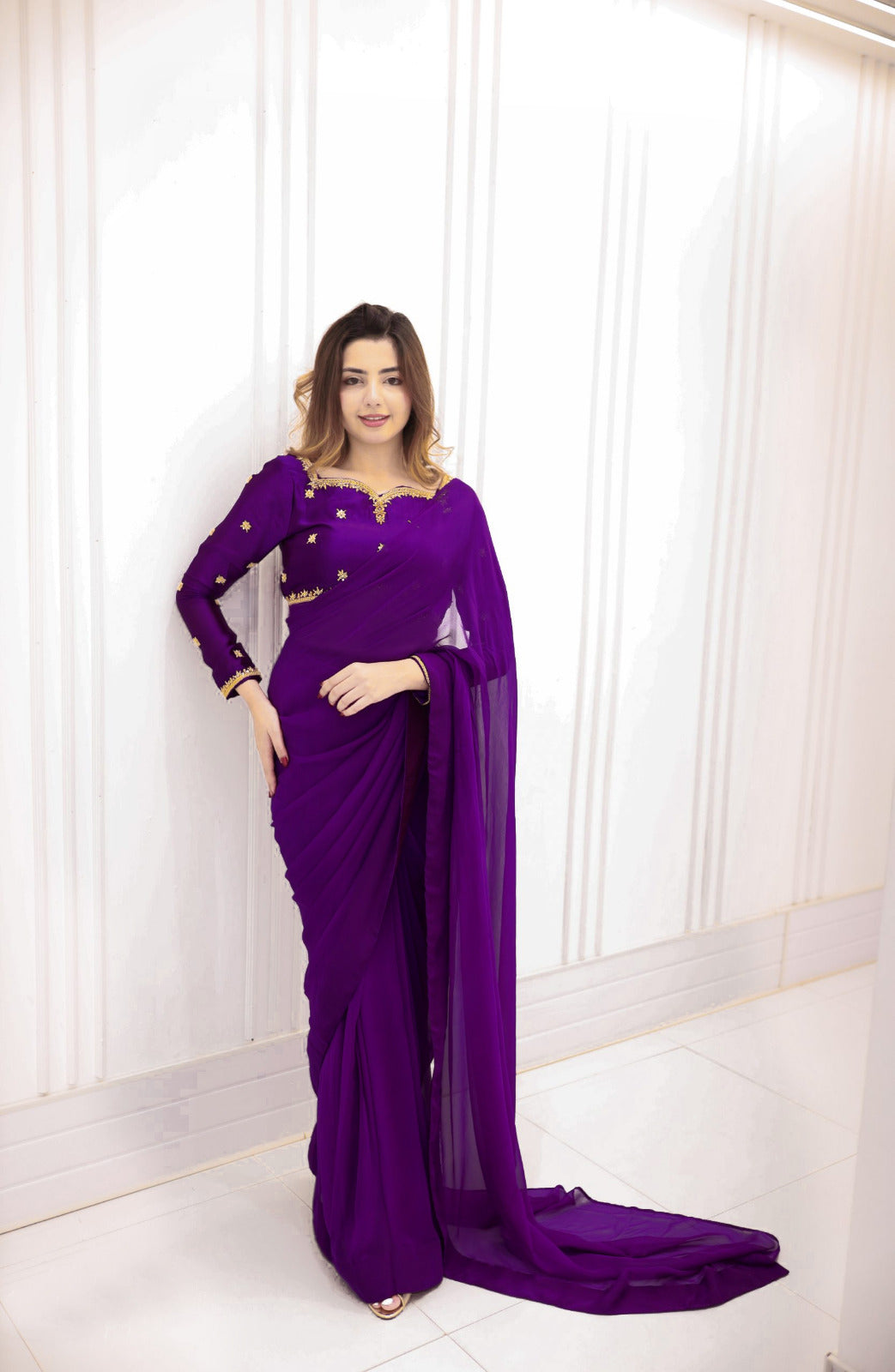 Premium Star Embroidered Silk Blouse & 7-Yard Chiffon Saree Set