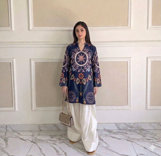 Premium Swiss Lawn Digital Printed Kurti with Classic Farshi Shalwar Set – 2-Piece