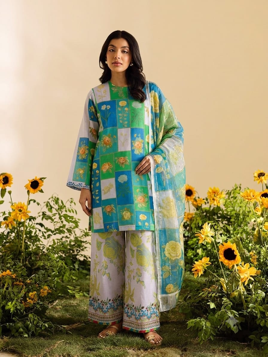 Premium Swiss Lawn 3-Piece Floral Printed Suit with Chiffon Dupatta – Blue & Green