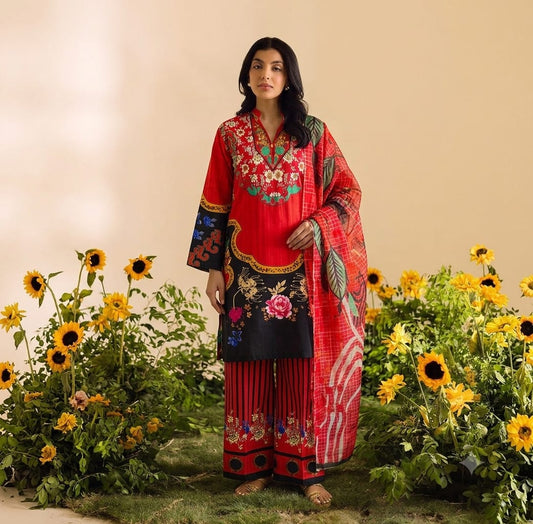 Premium Swiss Lawn 3-Piece Red & Black Floral Printed Suit with Dupatta