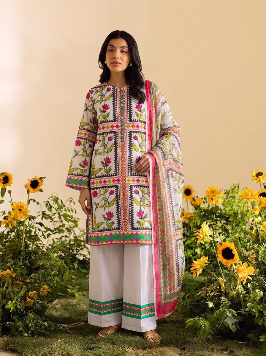 Premium Swiss Lawn 3-Piece Geometric & Floral Printed Suit – White & Pink
