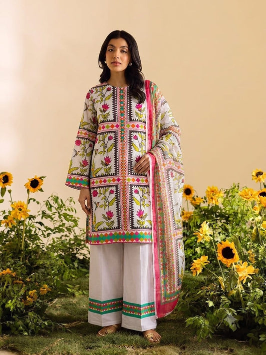 Premium Swiss Lawn 3-Piece Geometric & Floral Printed Suit – White & Pink