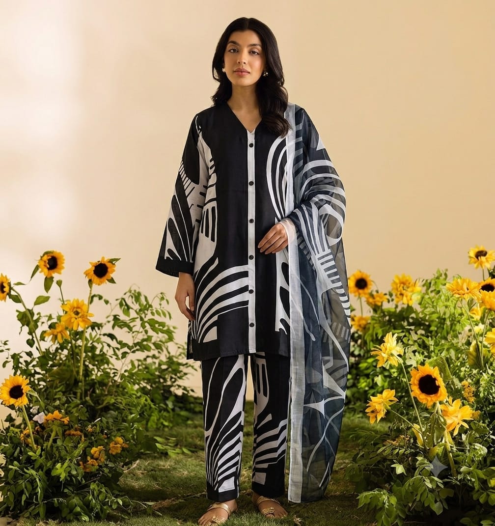 Premium Swiss Lawn 3-Piece Monochrome Abstract Printed Suit – Black & White