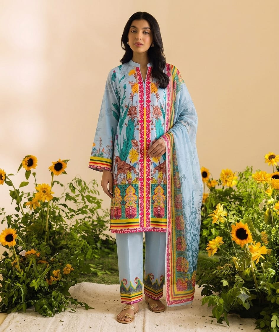 Premium Swiss Lawn 3-Piece Floral & Scenic Printed Suit – Pastel Blue & Pink
