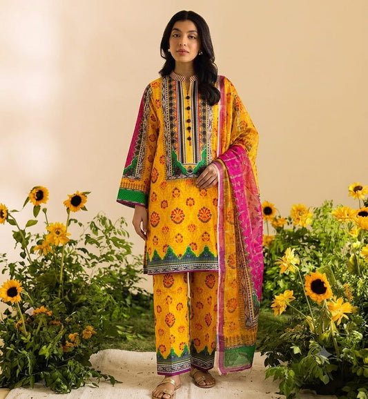 Premium Swiss Lawn 3-Piece Floral & Geometric Printed Suit – Mustard Yellow & Magenta