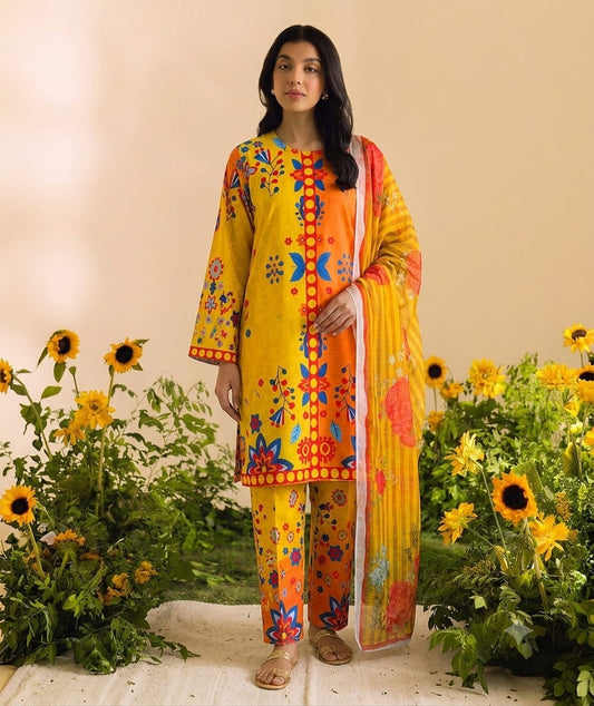 Premium Swiss Lawn 3-Piece Floral & Geometric Printed Suit – Mustard Yellow & Orange