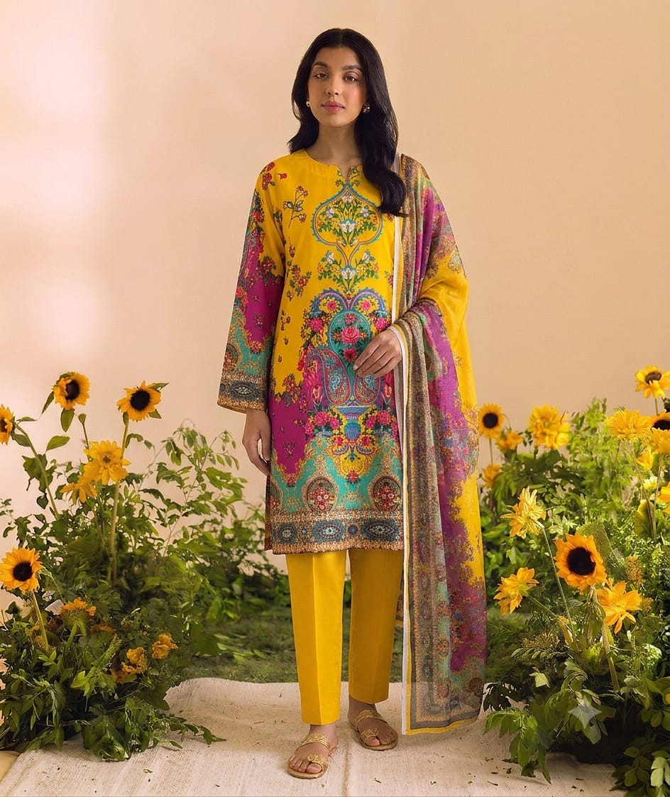 Premium Swiss Lawn 3-Piece Paisley & Floral Printed Suit – Mustard Yellow & Magenta