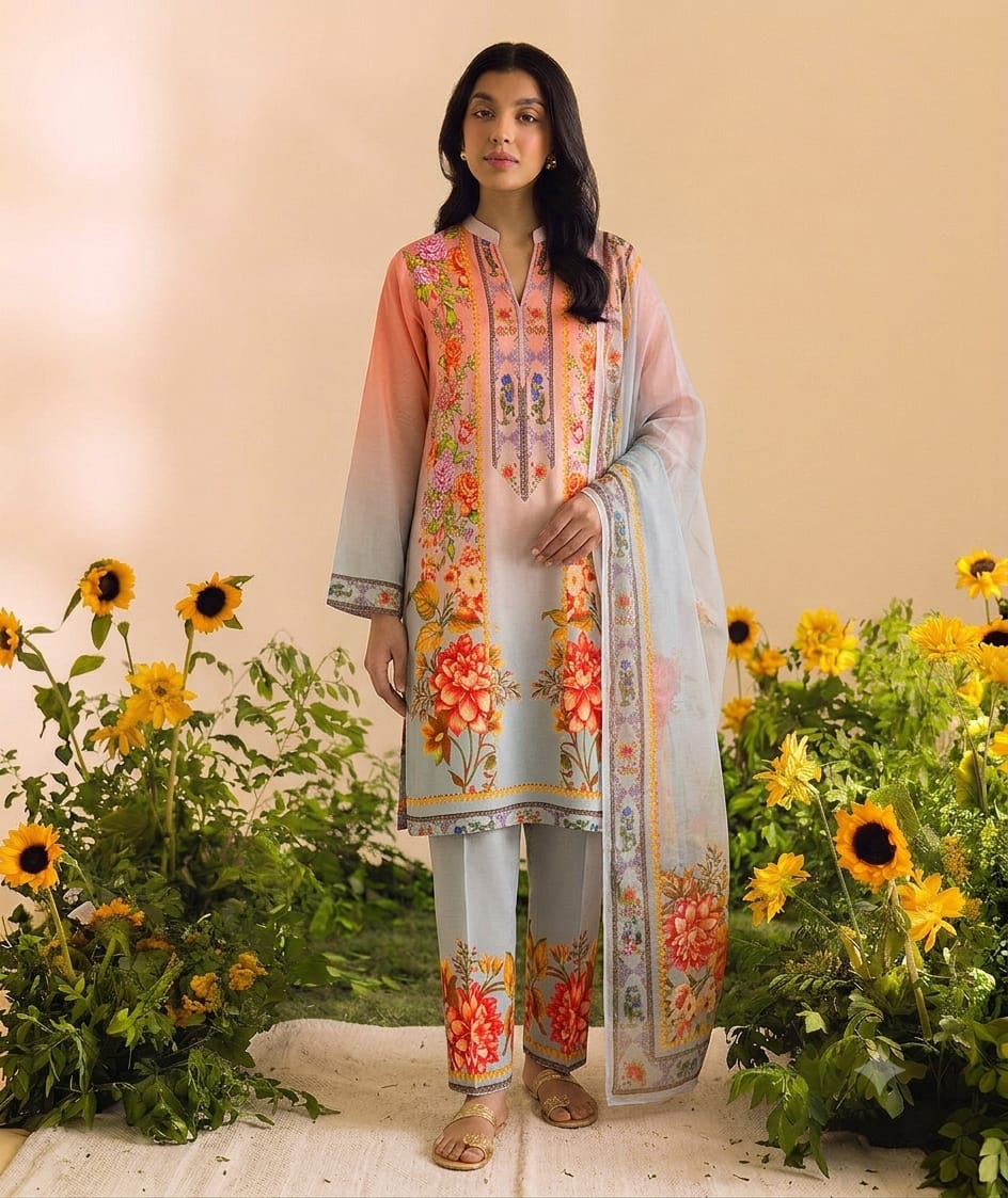 Premium Swiss Lawn 3-Piece Floral Printed Suit with Ombré Gradient – Pastel Peach & Gray