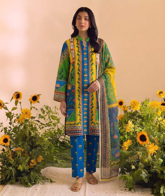 Premium Swiss Lawn 3-Piece Floral & Block Print Suit – Royal Blue, Yellow & Green