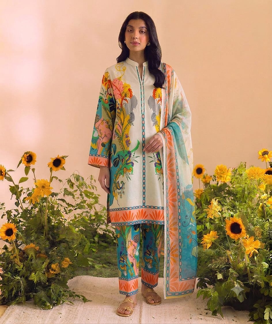 Premium Swiss Lawn 3-Piece Floral & Tropical Printed Suit – Off-White & Teal