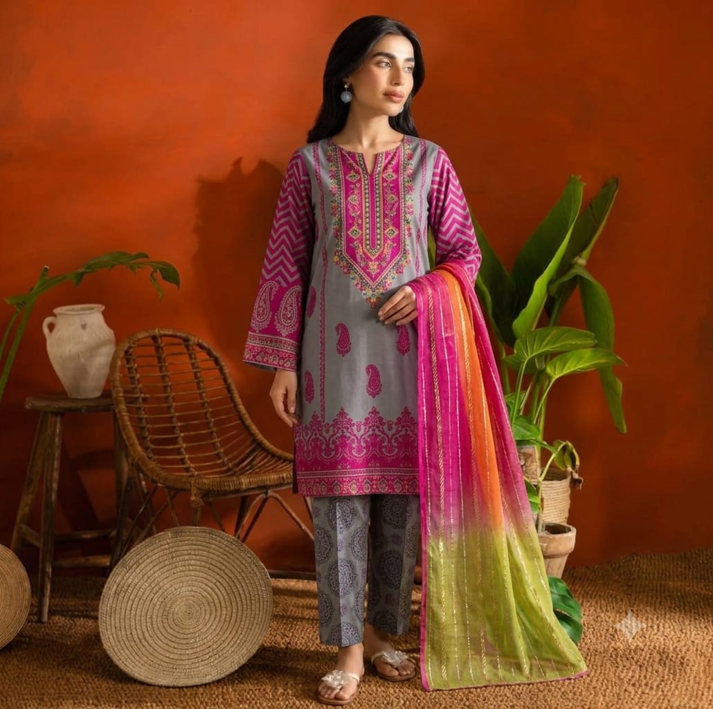 Premium Swiss Lawn 3-Piece Paisley Printed Suit with Tricolor Dupatta – Slate Gray & Magenta