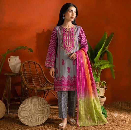 Premium Swiss Lawn 3-Piece Paisley Printed Suit with Tricolor Dupatta – Slate Gray & Magenta