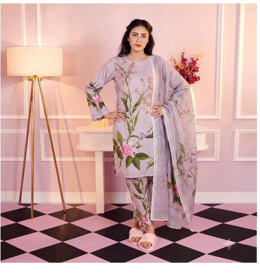 Premium Swiss Lawn 3-Piece Floral Printed Suit – Soft Lilac & Pink