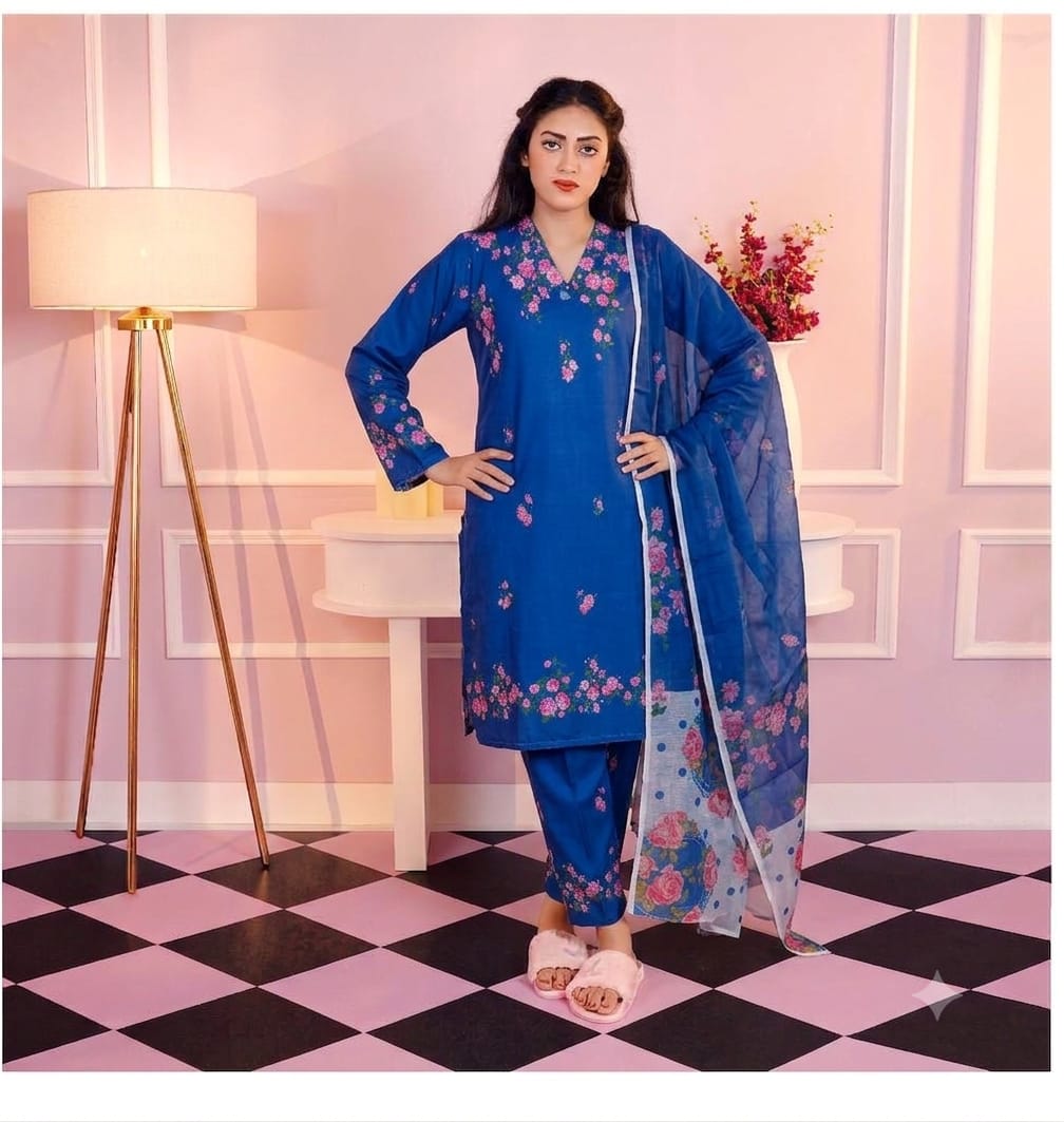 Premium Swiss Lawn 3-Piece Floral Printed Suit – Royal Blue & Pink