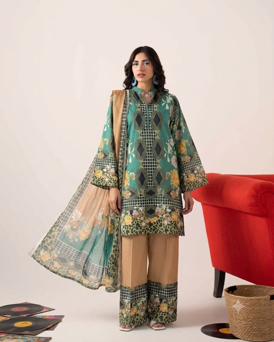 Premium Swiss Lawn 3-Piece Geometric & Floral Printed Suit – Sage Green & Beige